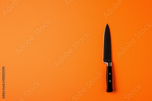 Sharp kitchen knife on a vibrant orange backdrop, focus on sleek craftsmanship and contrasting minimalist style photo