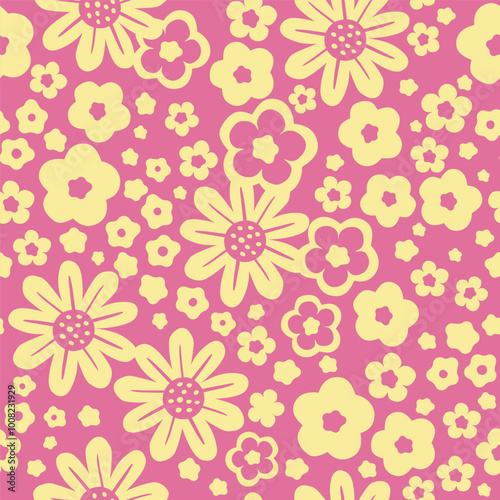 Hand drawn seamless pattern with abstract stylized flowers in pastel colors on a pink background