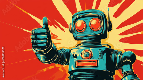 A retro robot astronaut gives a thumbs up,  a cool pop art style illustration.  It's all about space, robots, and science fiction.