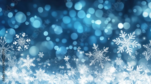 A winter-themed background with snowflakes and blue bokeh lights.