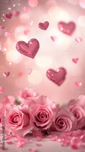 "A captivating Valentine™s Day background featuring romantic elements like hearts and roses, set against a soft, elegant backdrop to evoke a sense of love and celebration