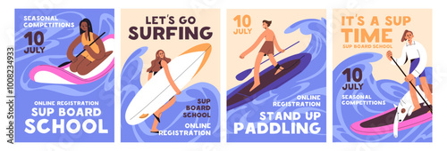 Set of event posters about sup boarding competitions. Advertising of riding lessons on surfboard, supboard. People do water sport, surfing, floating with paddle on waves. Flat vector illustrations