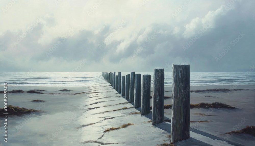 Obraz premium A row of wooden posts extends into the ocean, creating a path towards the horizon. 