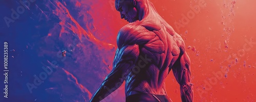 A muscular figure stands against a vibrant, two-toned backdrop, showcasing strength and elegance in motion.