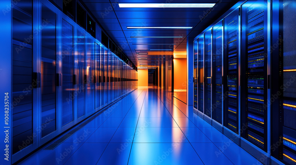 Rows of server racks in a modern data center, with glowing lights and a sense of power and technology. Rows of server racks in a modern data center, with glowing lights and a sense of power and technology.