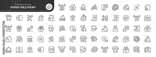 Food delivery line icon set. Order food home, courier, fast food and more. Outline vector icon in linear style. Conceptual pictogram collection