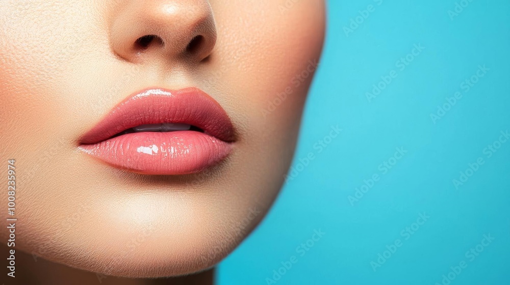 Obraz premium Close-up of beautiful lips with glossy finish, vibrant blue background