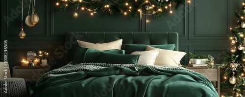 Cozy Holiday Bedroom with Rich Green Decor and Festive Ambiance photo