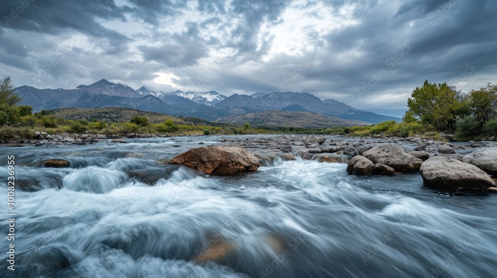 A serene river flows through a mountainous landscape under a dramatic sky. A serene river flows through a mountainous landscape under a dramatic sky.