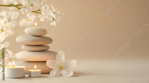 Decorative stones with candles and flowers on a soft, neutral background.