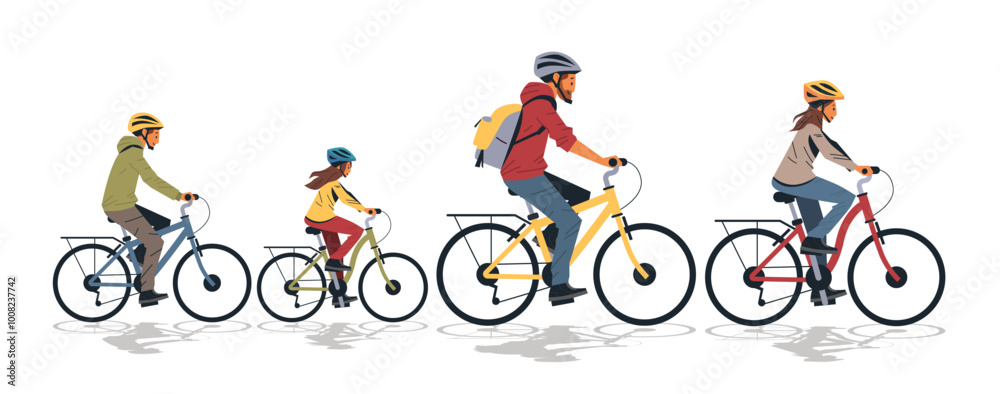 Obraz premium Family cycling outdoor activity healthy lifestyle. Illustration depicts a family of four riding bicycles with helmets on a white background. Perfect for website design or banner