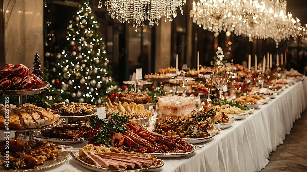Festive Christmas Buffet Table Setting With Delicious Food and Decorations Festive Christmas Buffet Table Setting With Delicious Food and Decorations