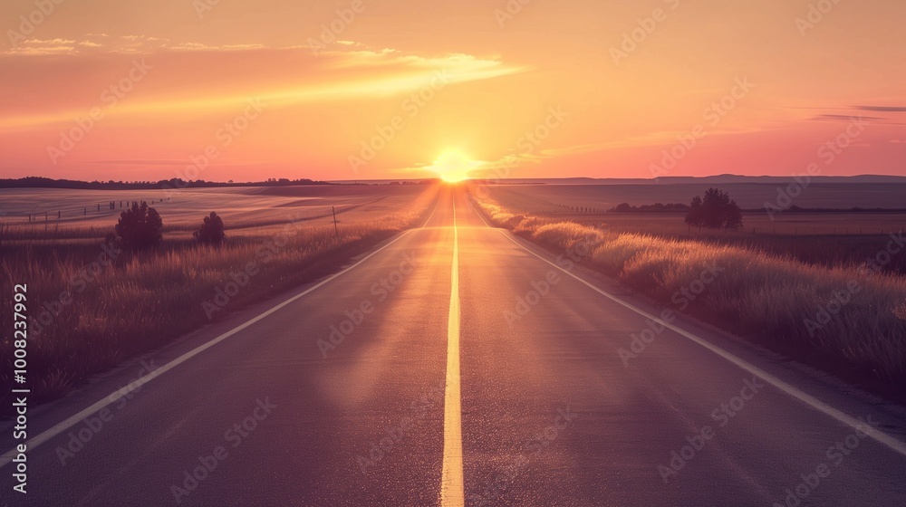 An empty road stretching into the horizon at sunset. An empty road stretching into the horizon at sunset.