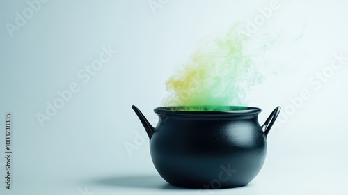 A classic black cauldron bubbling with a vibrant green potion, perfect for Halloween-themed decorations. Ideal for spooky or magical scenes. photo