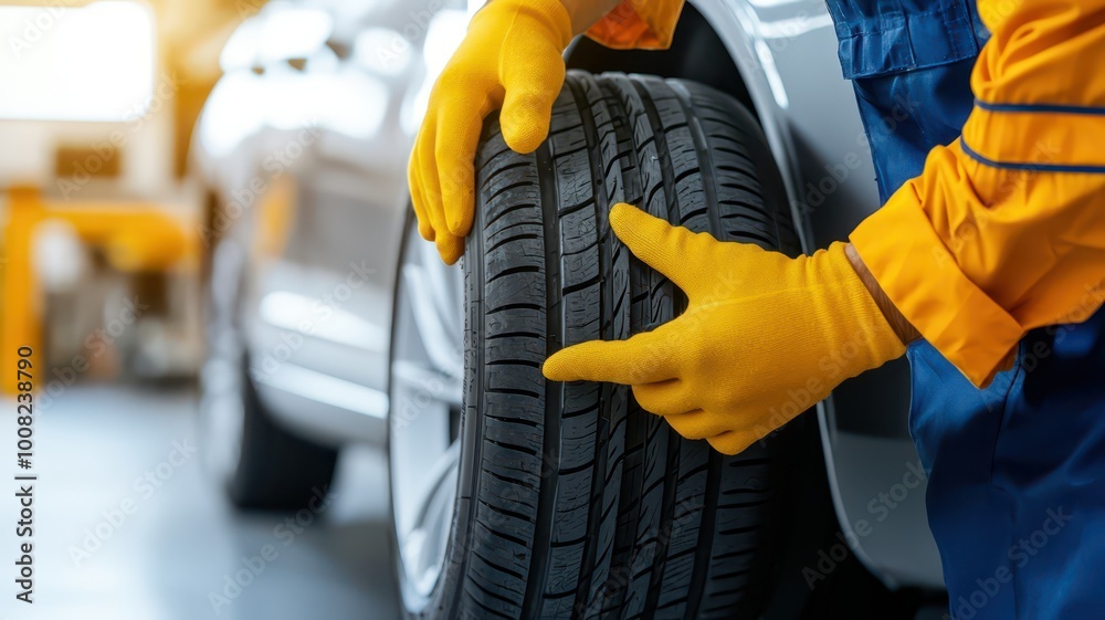 A mechanic inspects a car tire while wearing bright gloves in a workshop setting, emphasizing vehicle maintenance and safety.