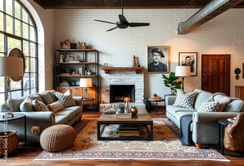 Industrial farmhouse living room with a mix of rustic and indust photo