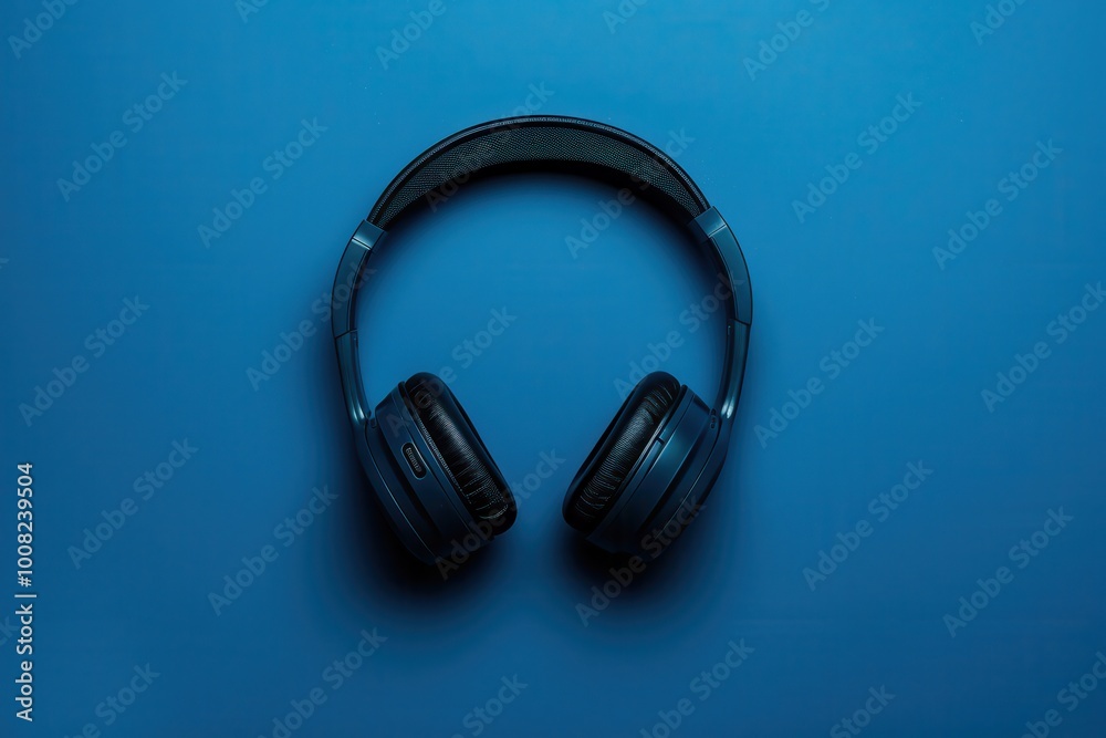 A pair of sleek blue headphones rests on a vibrant blue surface, creating a minimalist pop of color in an artistic setup A pair of sleek blue headphones rests on a vibrant blue surface, creating a minimalist pop of color in an artistic setup