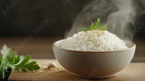 Simple rice bowl with sesame seeds and garnishes arranged neatly for a food banner