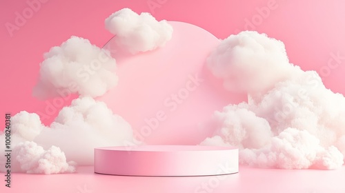 Pink stage with clouds, suitable for product display or presentation, isolated background.