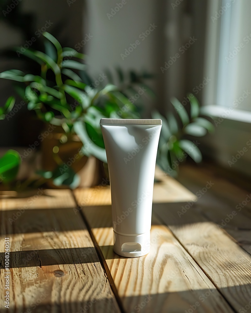 cosmetic cream bottle on wooden table in modern bathroom with tropical plant cosmetic cream bottle on wooden table in modern bathroom with tropical plant