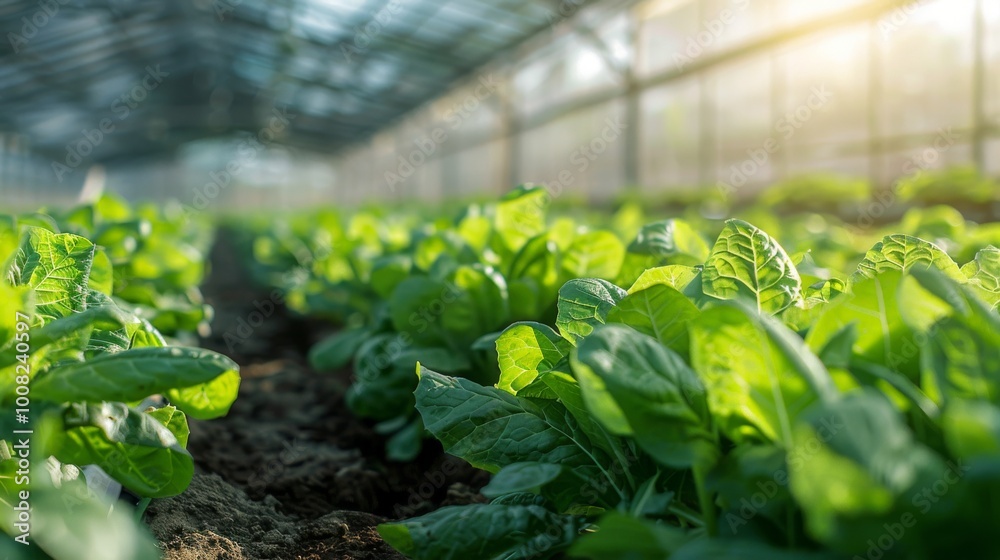 Rows of leafy green vegetables growing in a modern hydroponic greenhouse, with bright sunlight streaming through the glass panels Rows of leafy green vegetables growing in a modern hydroponic greenhouse, with bright sunlight streaming through the glass panels