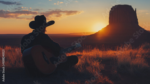 Cowboy with Guitar at Sunset. A cowboy playing a guitar at sunset in a desert landscape with Monument Valley in the background.