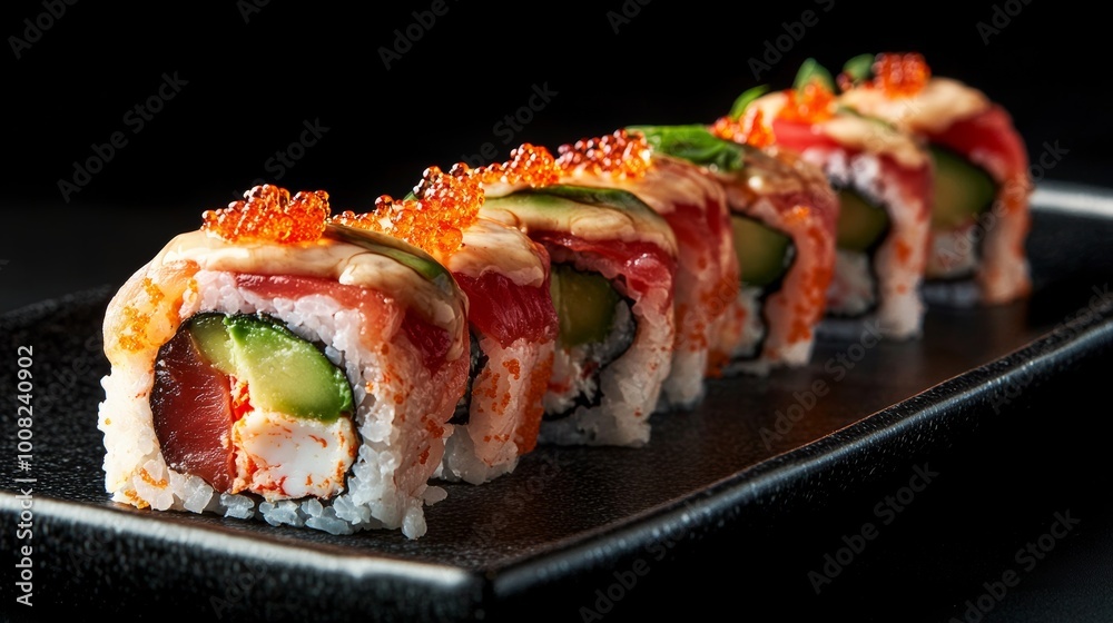 Sushi rolls with crab and spicy tuna on a black ceramic plate banner design Sushi rolls with crab and spicy tuna on a black ceramic plate banner design
