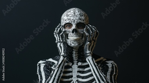 A man showcases an intricate skeleton costume perfect for Halloween. His face and body are artistically painted, creating a stunning visual for festive celebrations.