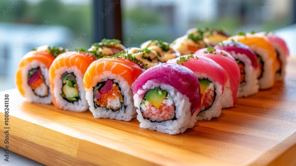 Sushi rolls arranged on a wooden board with space for custom text Sushi rolls arranged on a wooden board with space for custom text