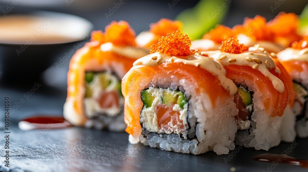 Close-up sushi rolls banner featuring spicy salmon, avocado, and cream cheese Close-up sushi rolls banner featuring spicy salmon, avocado, and cream cheese