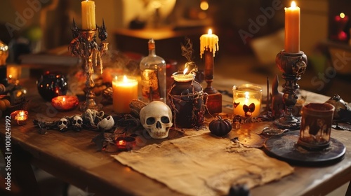 Explore a beautifully set rustic table decorated for Halloween, featuring candles, skulls, and autumnal elements, creating an eerie yet festive atmosphere.