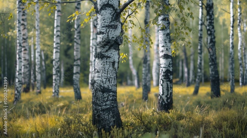 Fototapeta premium An isolated birch tree in a forest.