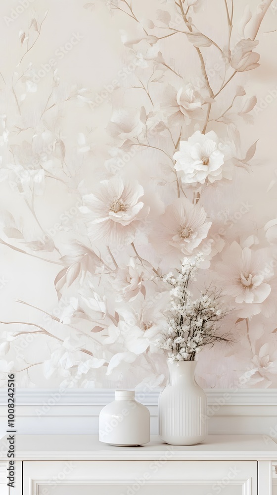 Soft floral wallpaper with vases of delicate flowers. Soft floral wallpaper with vases of delicate flowers.