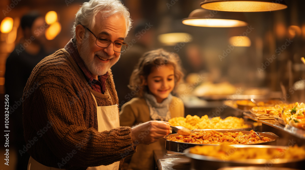 Warm moments shared between grandfather and granddaughter at food buffet Warm moments shared between grandfather and granddaughter at food buffet