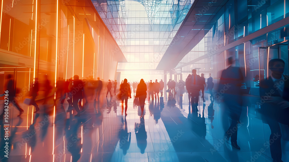 Long exposure shot of crowd of business people walking in bright office lobby fast moving with blurry, Long exposure shot of crowd of business people walking in bright office lobby fast moving with blurry,
