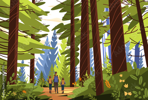 Family hiking in forest scenic nature landscape tall trees lush greenery colorful foliage outdoor adventure