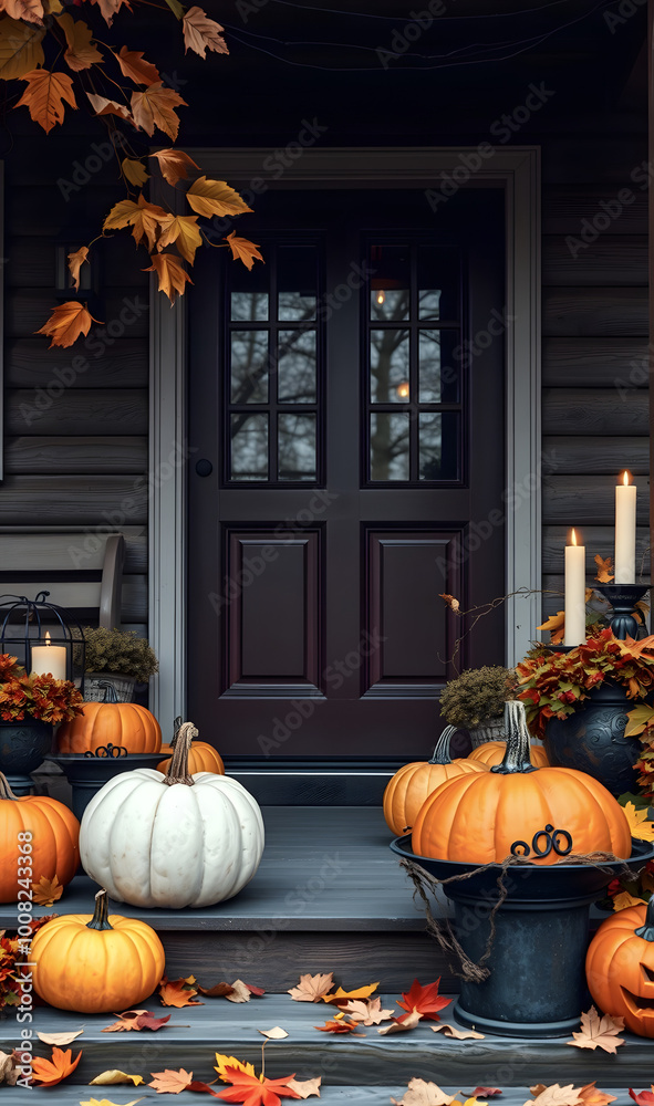 Obraz premium Background with Halloween pumpkins, lit candles and autumn leaves on the porch of a wooden cottage.