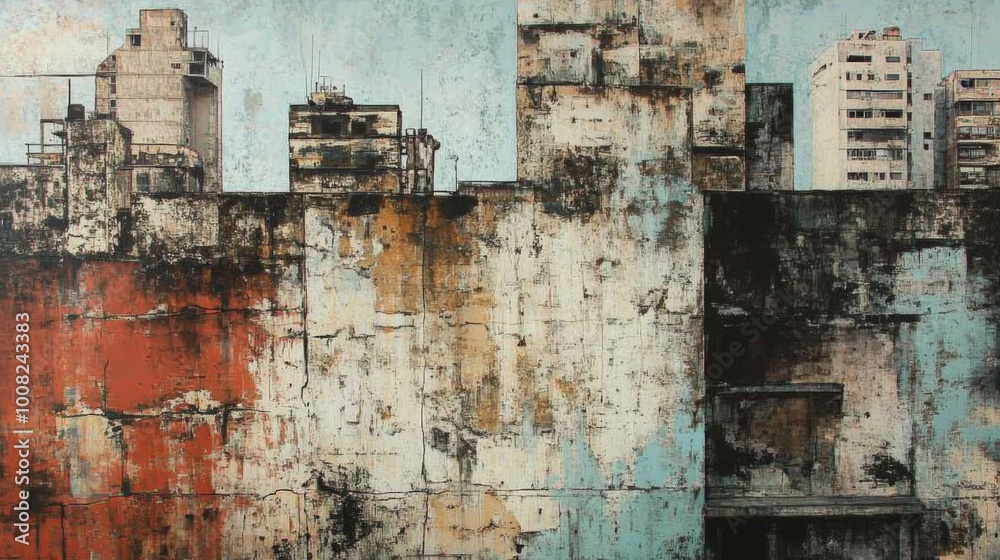 A weathered, multi-colored wall with a cityscape skyline in the background. A weathered, multi-colored wall with a cityscape skyline in the background.