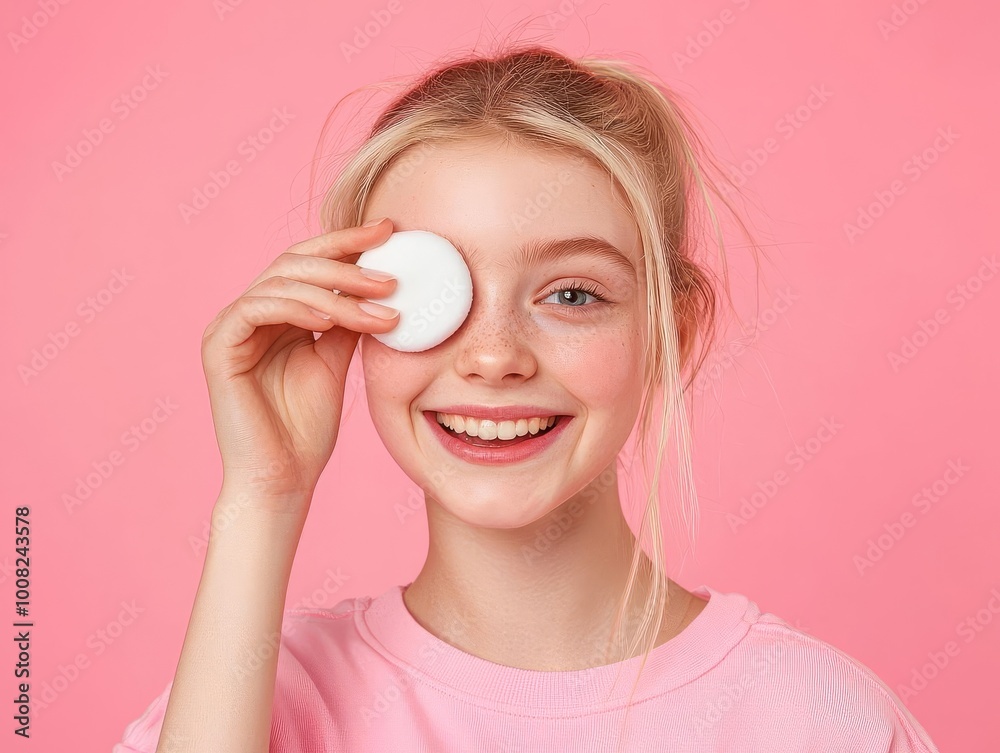 Smiling girl with a cotton pad against a pink background. Smiling girl with a cotton pad against a pink background.