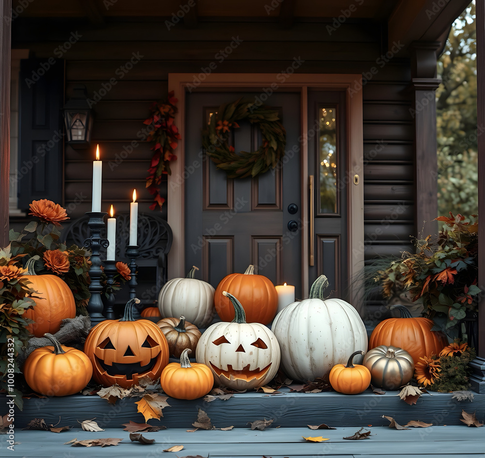 Obraz premium Background with Halloween pumpkins, lit candles and autumn leaves on the porch of a wooden cottage.