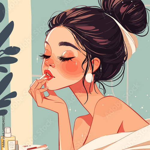 A woman is putting on makeup in front of a mirror. The image is a cartoon drawing of a woman with a brush in her mouth