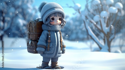 A photo of a 3D character in a snowy landscape