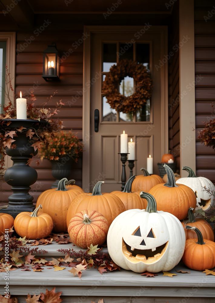 Obraz premium Background with Halloween pumpkins, lit candles and autumn leaves on the porch of a wooden cottage.