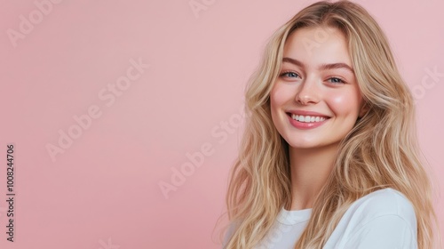 Smiling young woman with long hair, soft expressions, pink background.