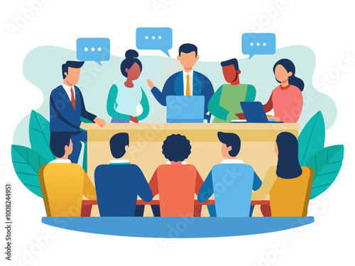 Diverse group of professionals talking and engaging in a business conference event modern flat design simple vector illustration isolated transparent background