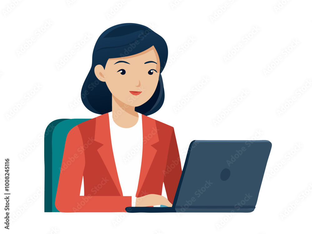 Asian business woman working on a laptop in a professional office modern flat design simple vector illustration isolated transparent background Asian business woman working on a laptop in a professional office modern flat design simple vector illustration isolated transparent background