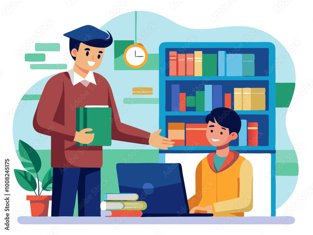 Student receiving guidance from lecturer in library setting highlighting educational support and collaboration modern flat design simple vector illustration isolated transparent background Student receiving guidance from lecturer in library setting highlighting educational support and collaboration modern flat design simple vector illustration isolated transparent background
