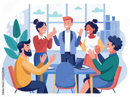 Multiethnic business team clapping in meeting room during motivational team building session modern flat design simple vector illustration isolated transparent background