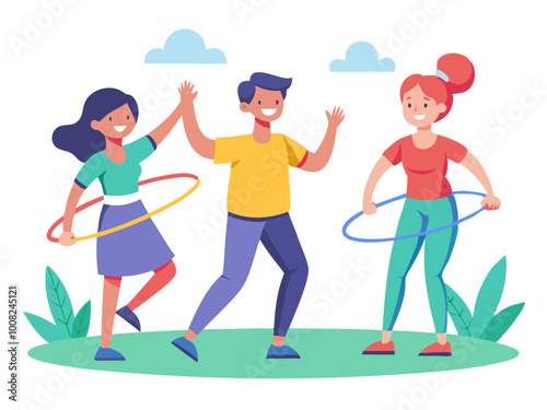 Playful friends having fun with hula hoops during a summer day at the park modern flat design simple vector illustration isolated transparent background