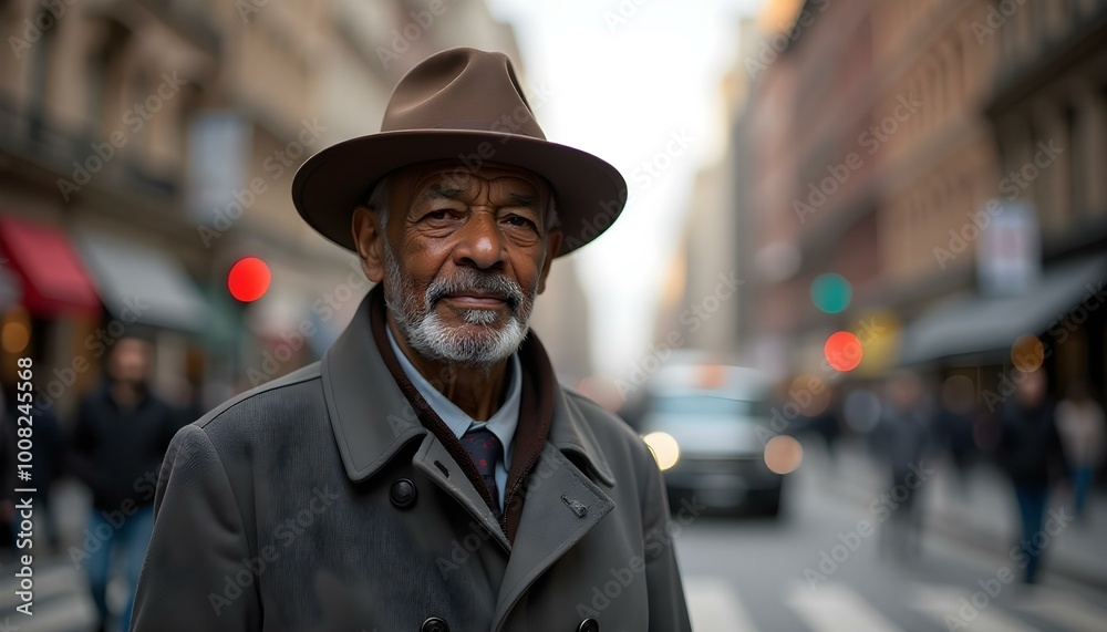 An elderly Black man standing on a bustling city street with tall buildings in the background An elderly Black man standing on a bustling city street with tall buildings in the background